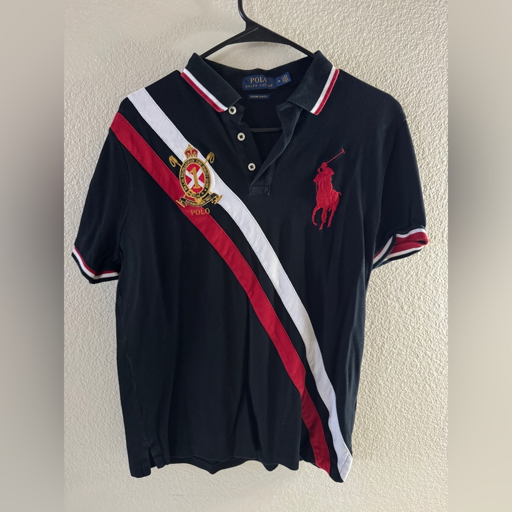 Ralph Lauren Black Polo Shirt with Red and White Stripes